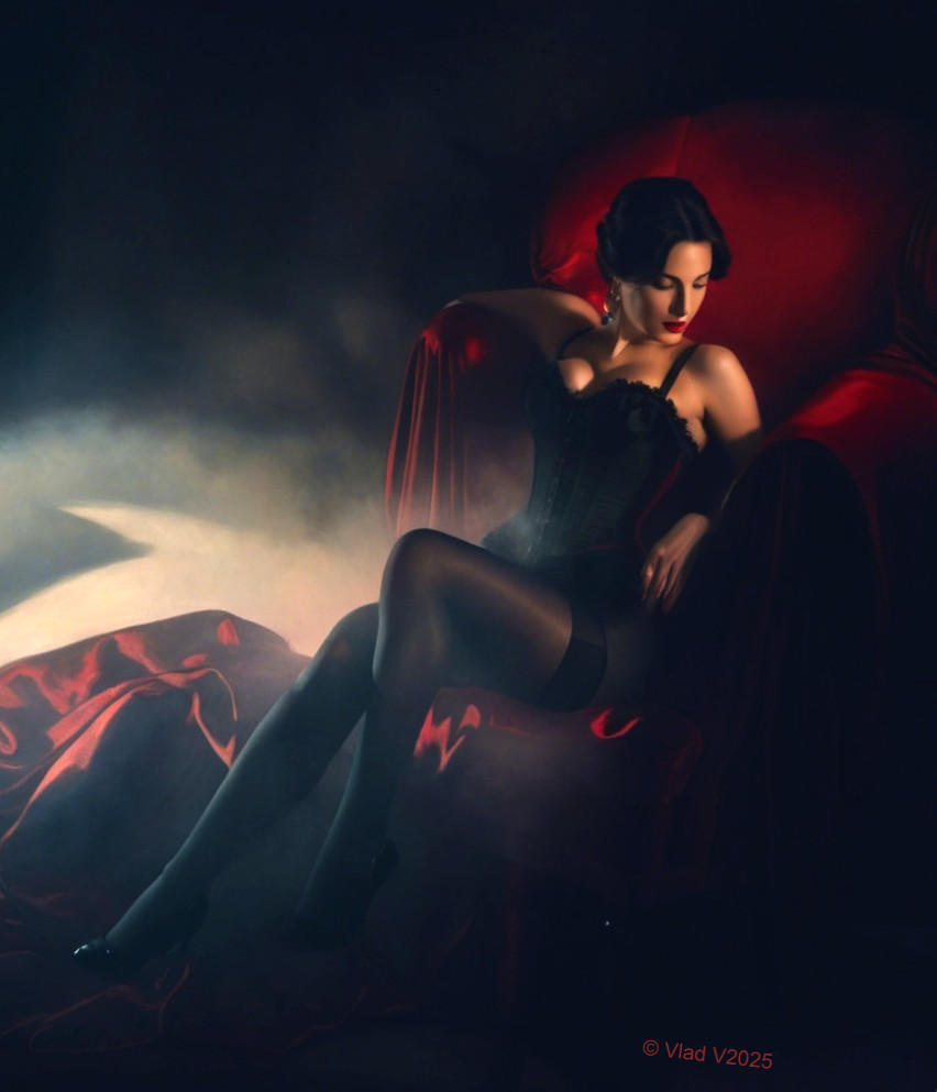 Glamorous woman in plush red chair with soft lighting