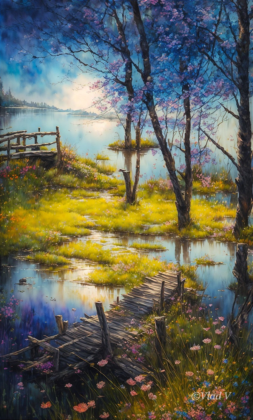 Tranquil Lake Surrounded by Lush Greenery and Flowers