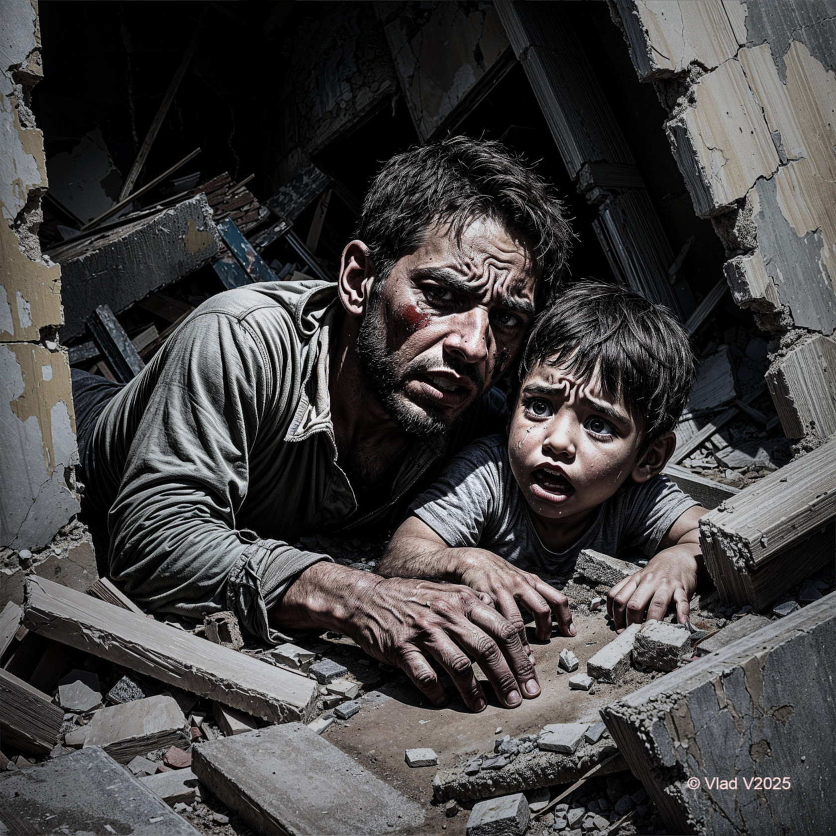 Man and boy in rubble show fear and vulnerability