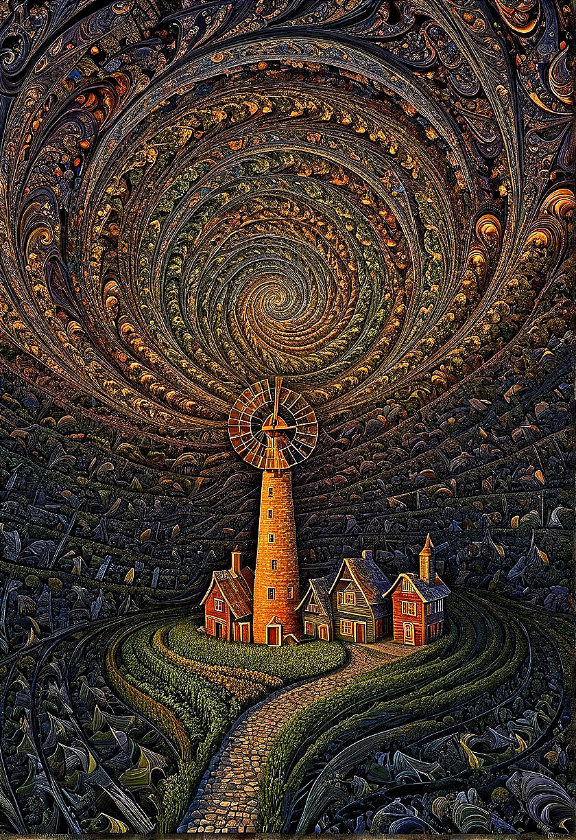 Surreal Landscape with Vibrant Windmill and Colors