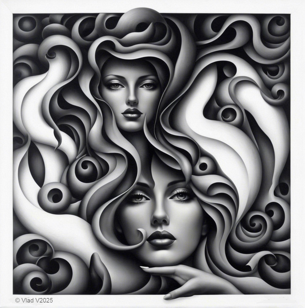 Monochromatic Artwork of Intertwined Female Faces