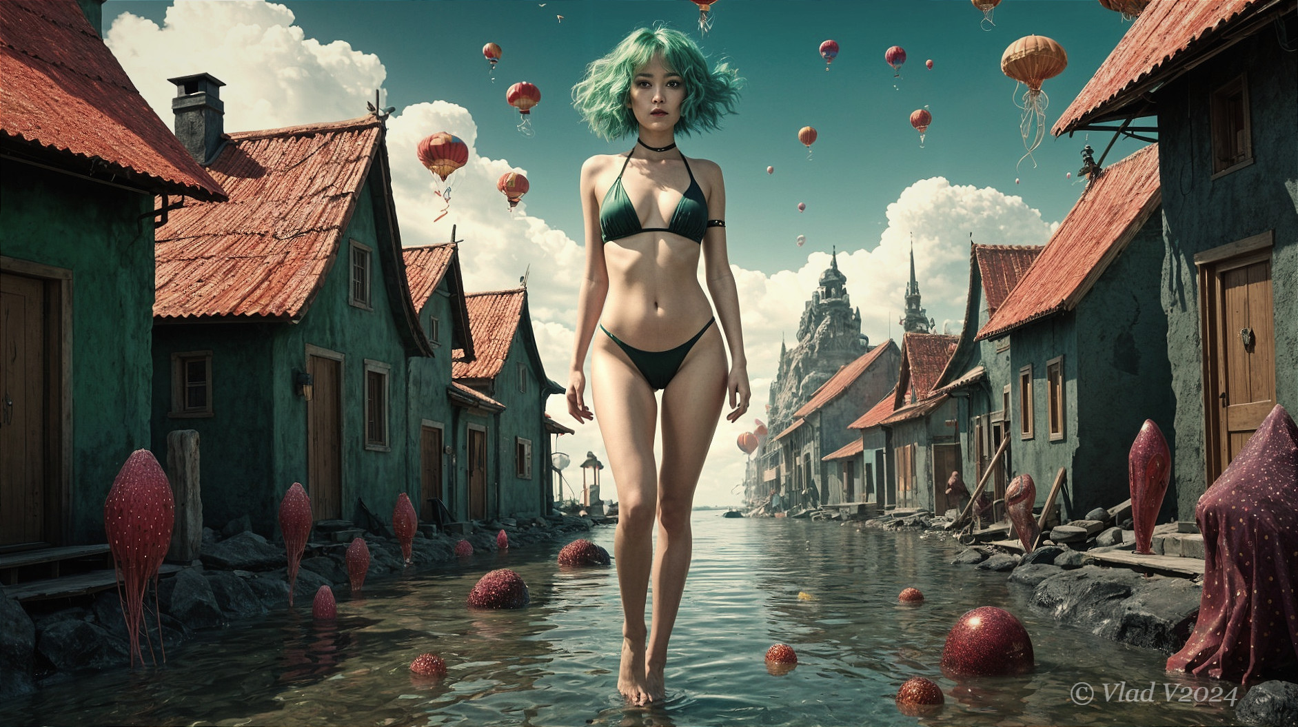 Surreal Scene of Woman in Water with Jellyfish and Houses