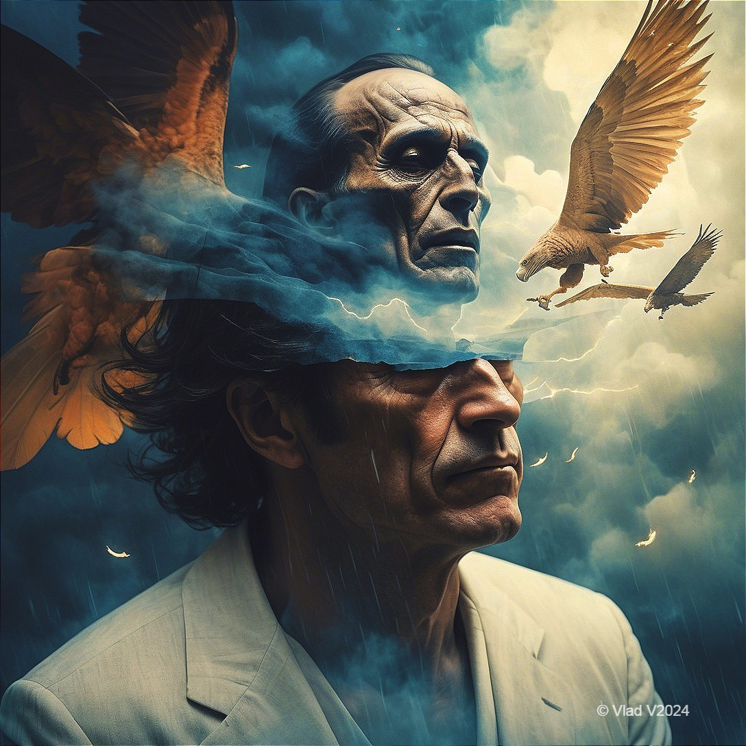 Surreal Portrait of a Man with Stormy Sky Elements