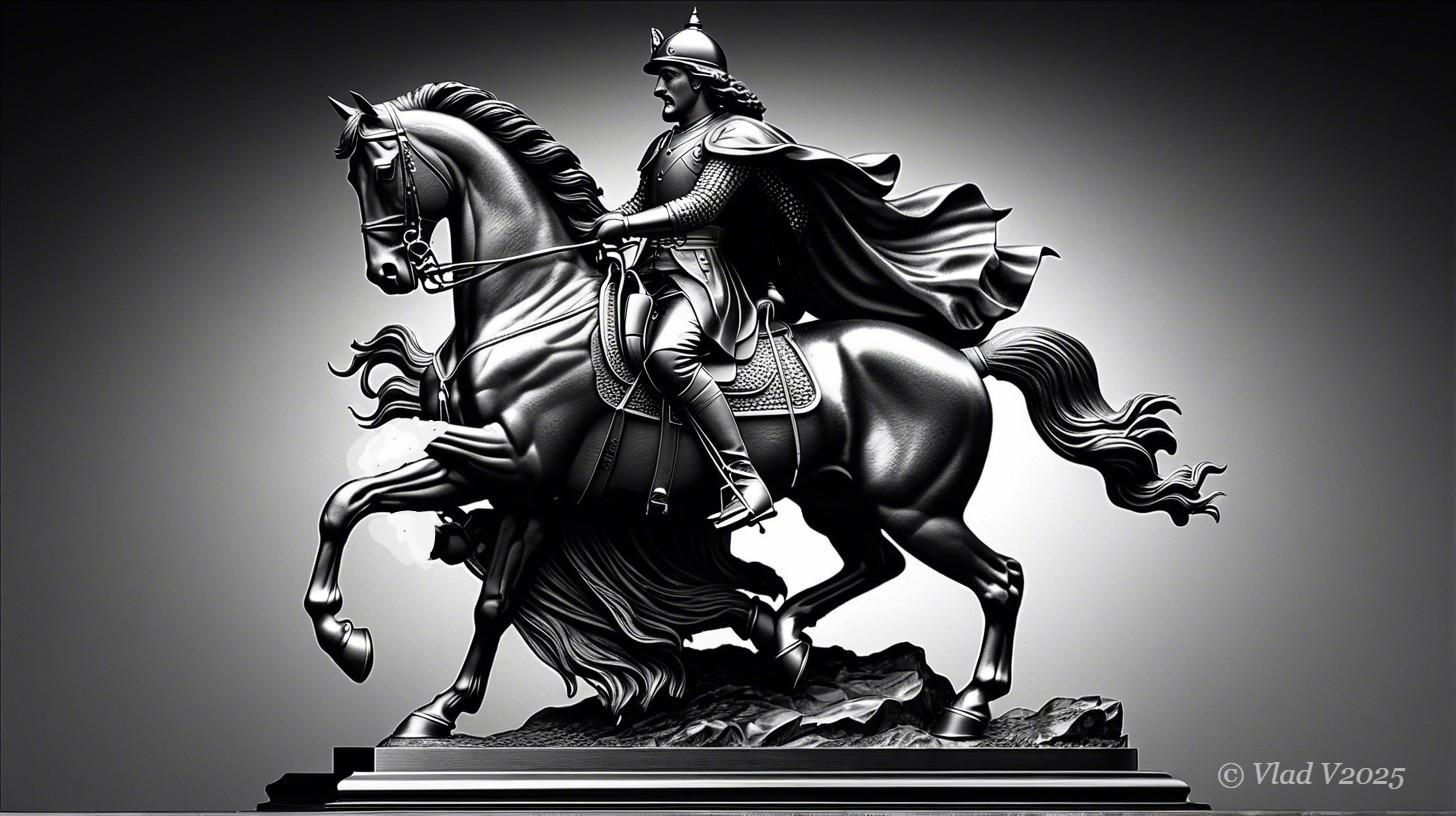 Monochromatic Sculpture of a Warrior on Horseback
