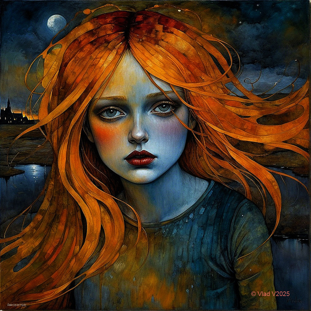 Portrait of a girl with red hair and night sky backdrop