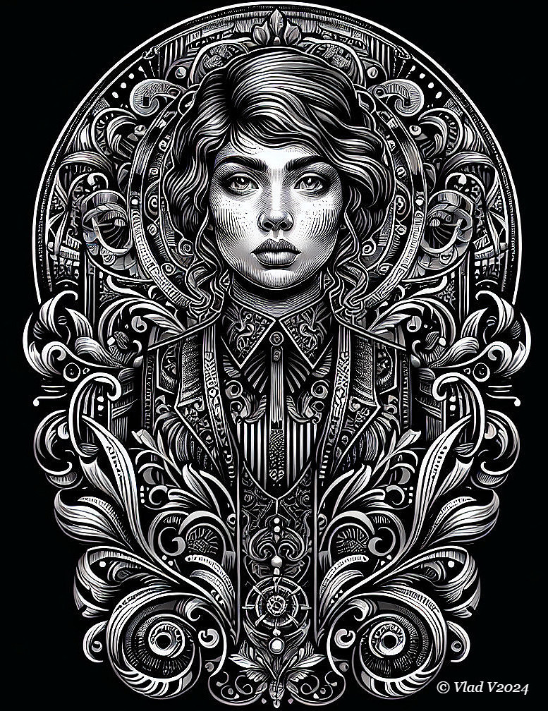 Black-and-white illustration of a confident young woman