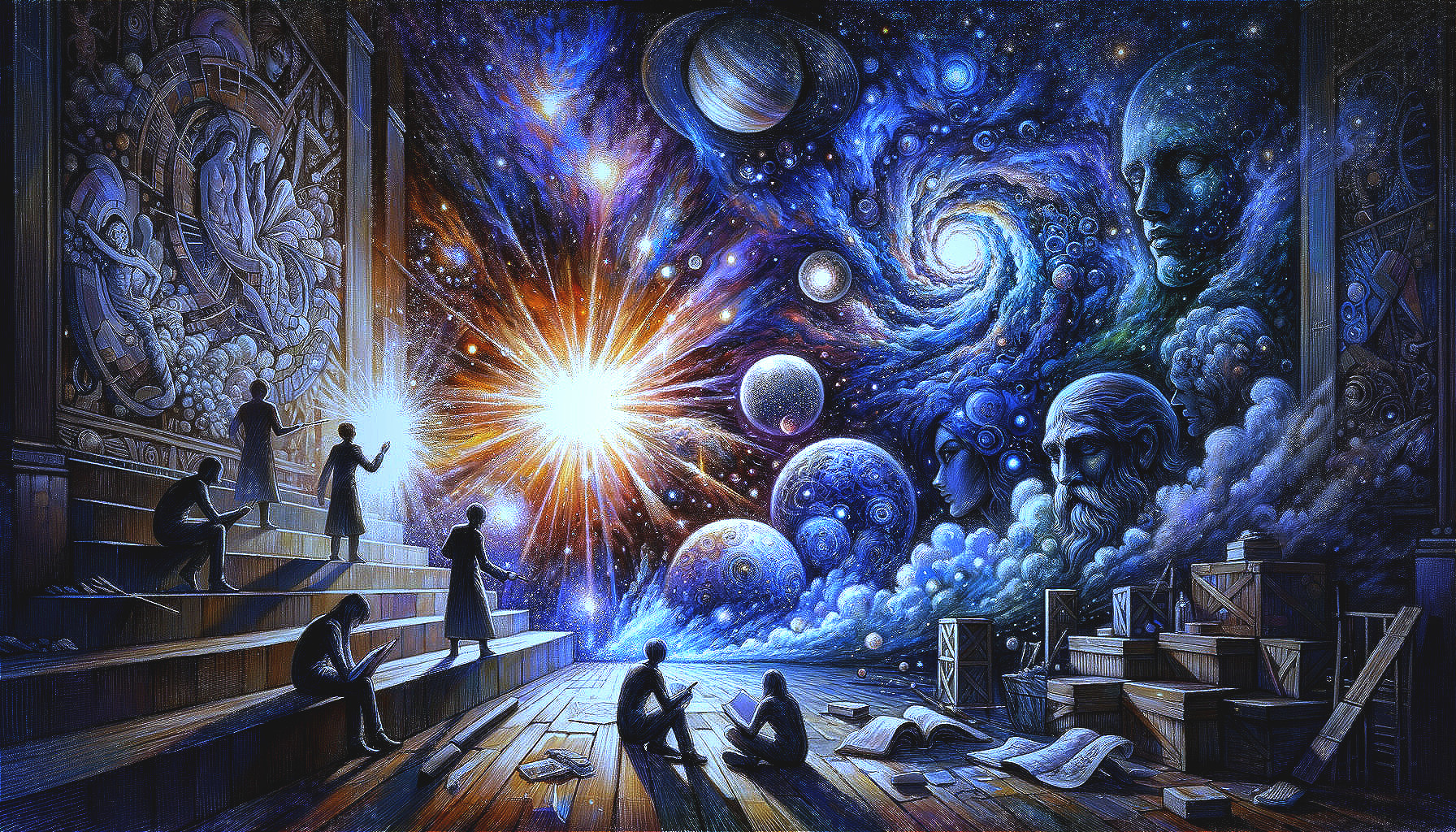 Cosmic Scene with Figures Observing Galaxies and Light