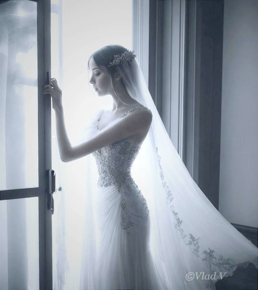 Bride in Beaded Gown by Sunlit Window