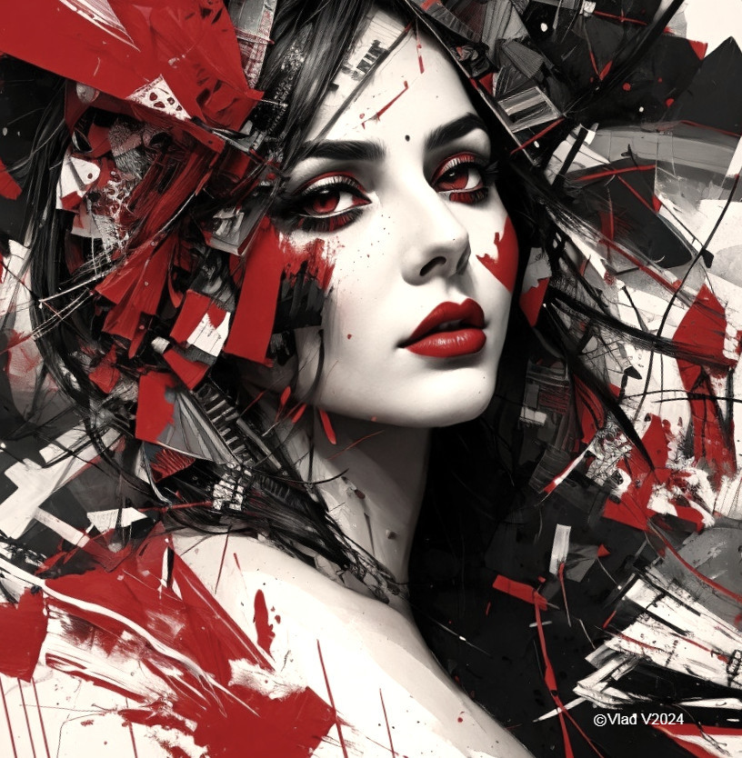 Portrait of a Woman with Red Lips and Geometric Shapes