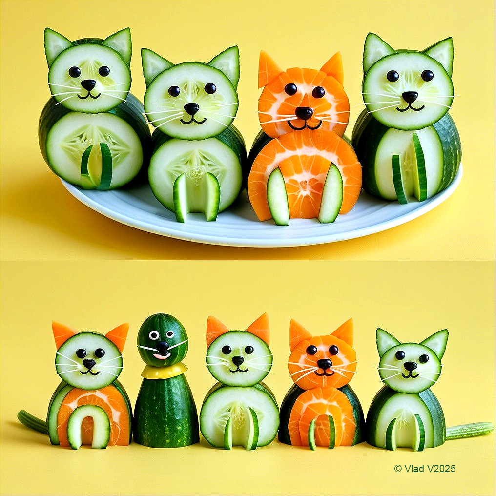 Colorful Fruit and Vegetable Cat Characters Display