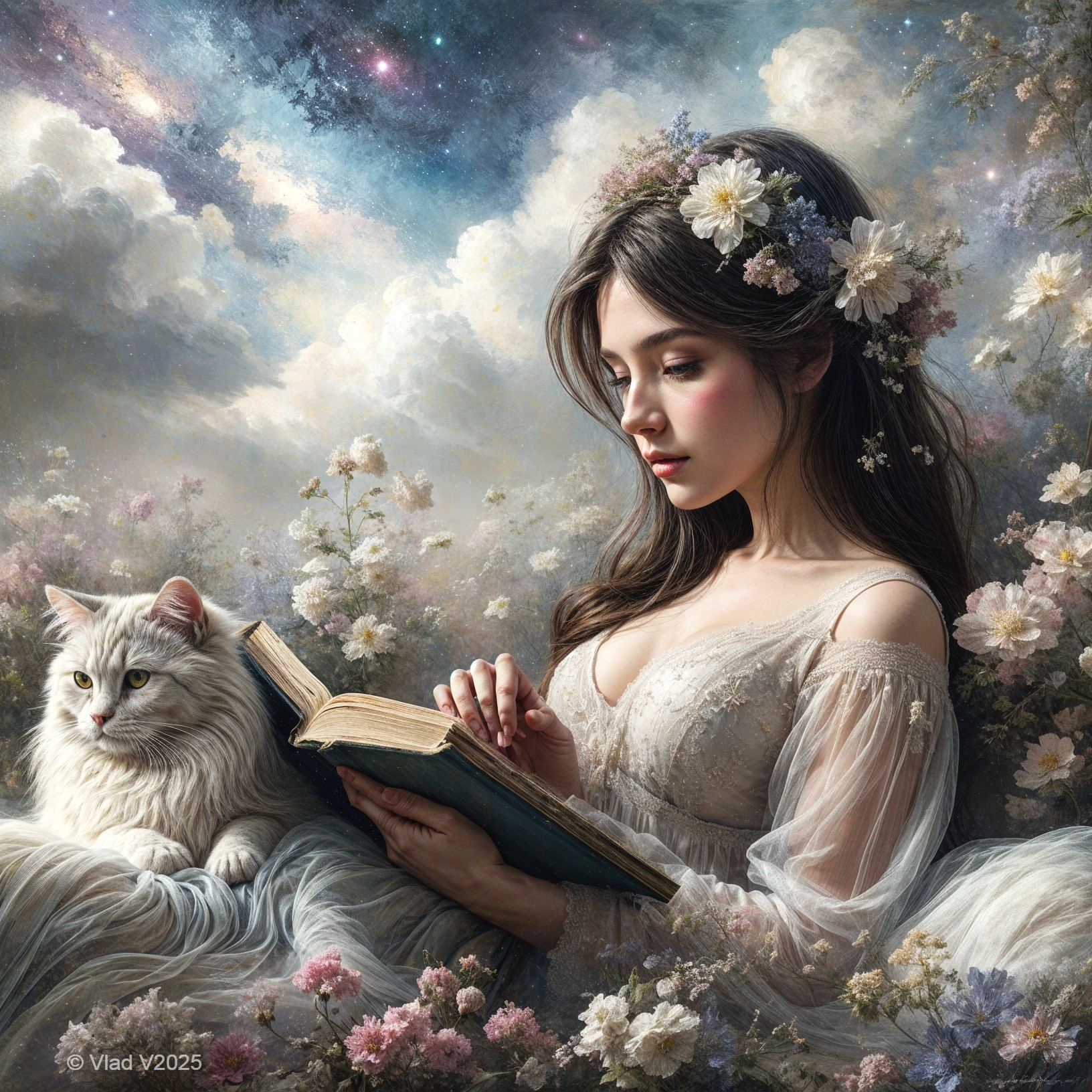 Young woman reading in a floral landscape at night