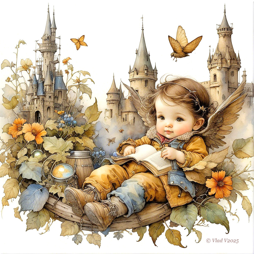 Cherubic Child with Wings Reading in Enchanted Setting