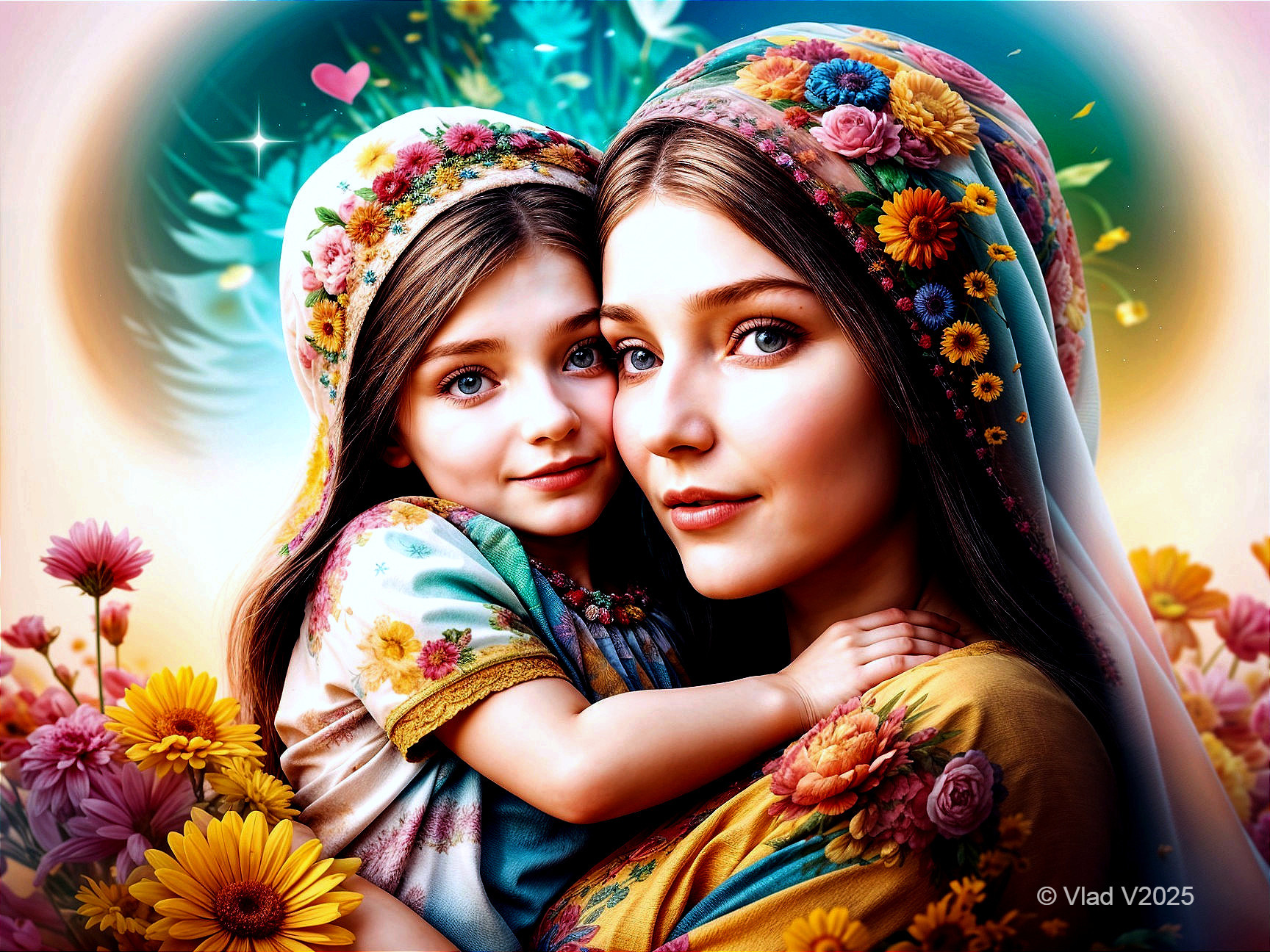Mother and Daughter in a Vibrant, Mystical Scene
