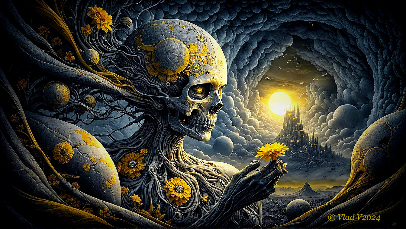 Surreal Scene of a Skeletal Figure with Nature Elements