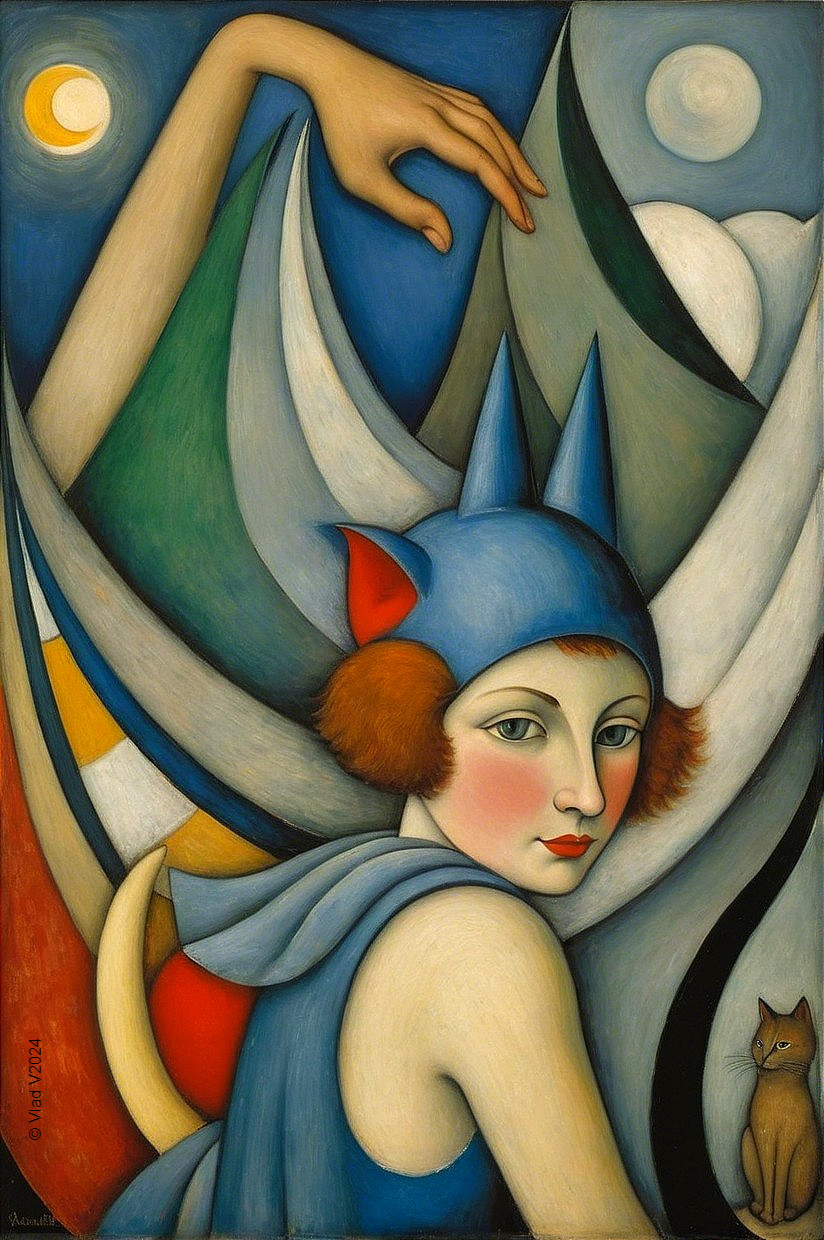 Young Woman in Blue Hat with Cat Ears and Cat