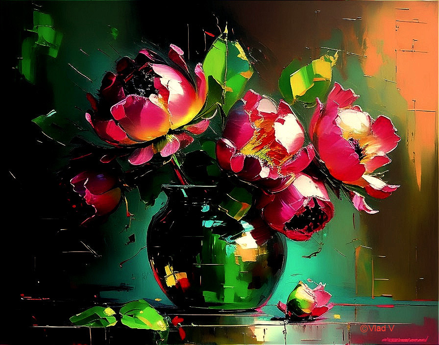 Colorful Still Life with Flowers in Dark Vase