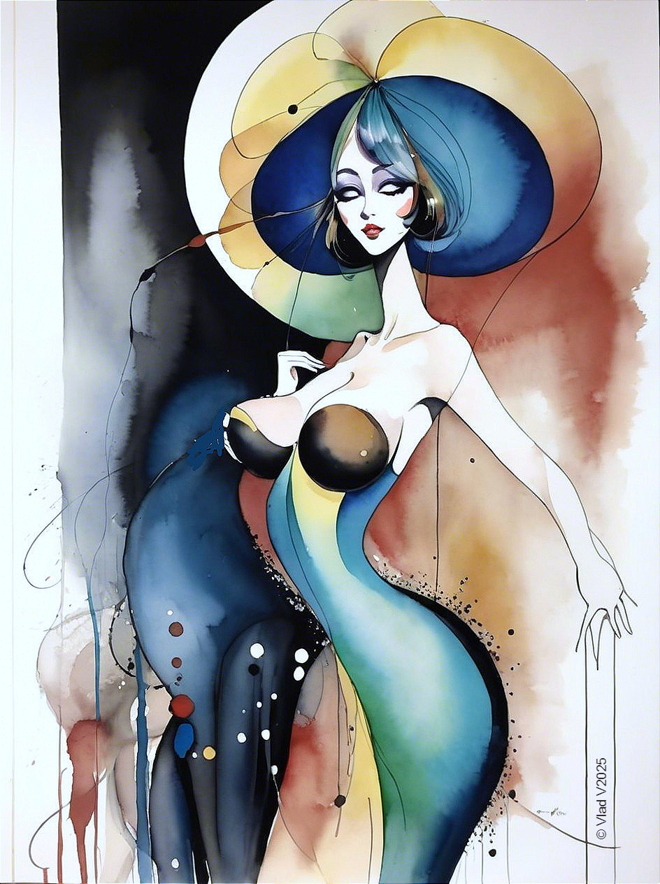 Stylized Elongated Woman with Vibrant Colors and Hat