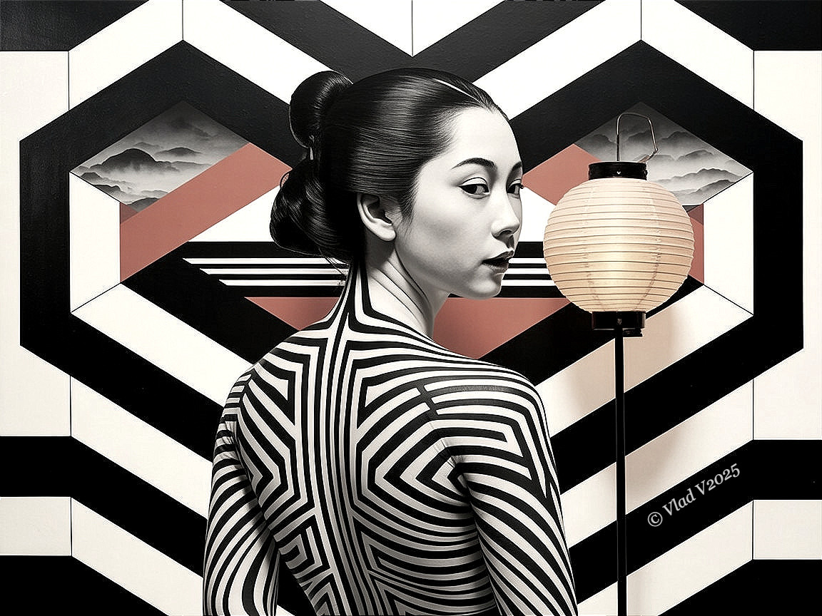 Woman with Black and White Geometric Body Art