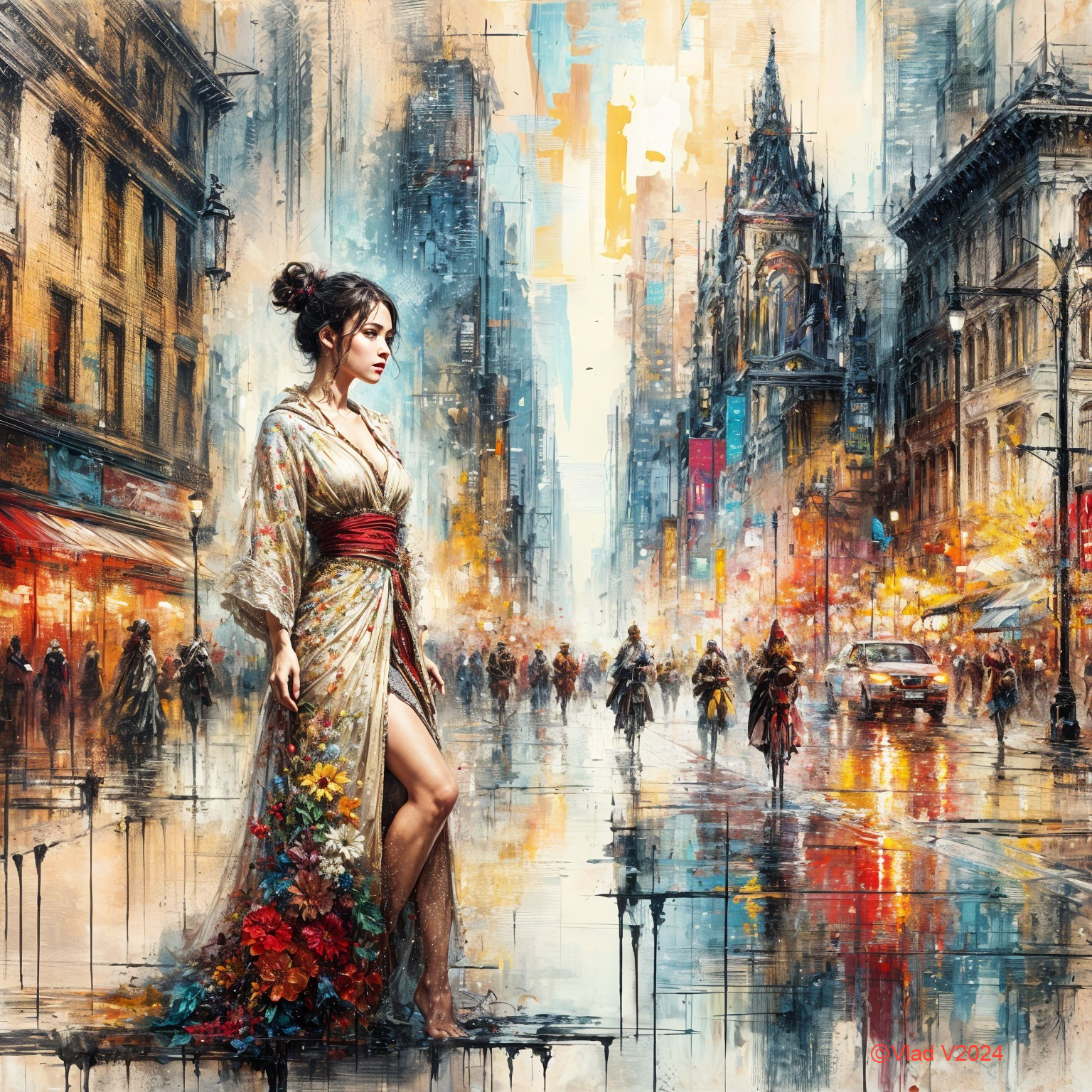 Serene Woman in Floral Kimono on Rainy City Street
