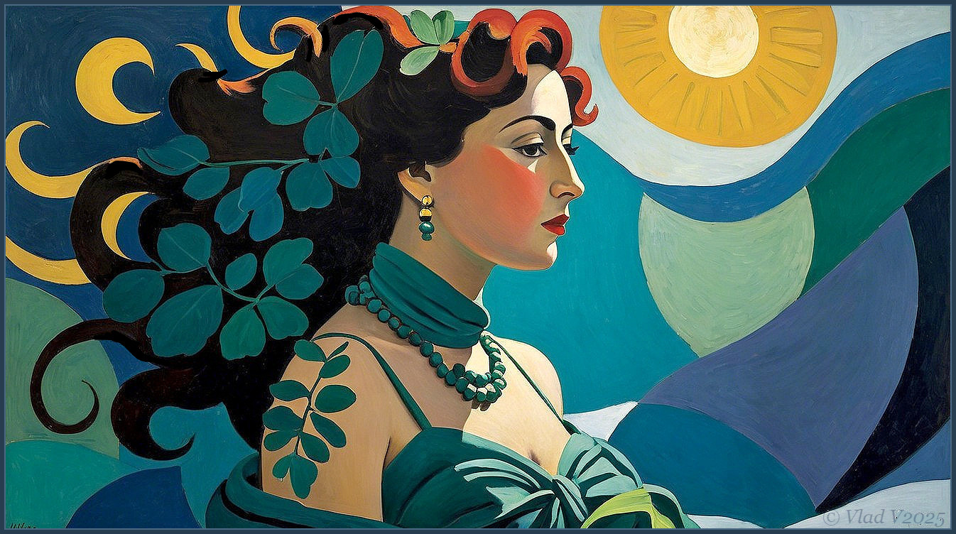 Profile of a Woman with Leaves and Abstract Waves