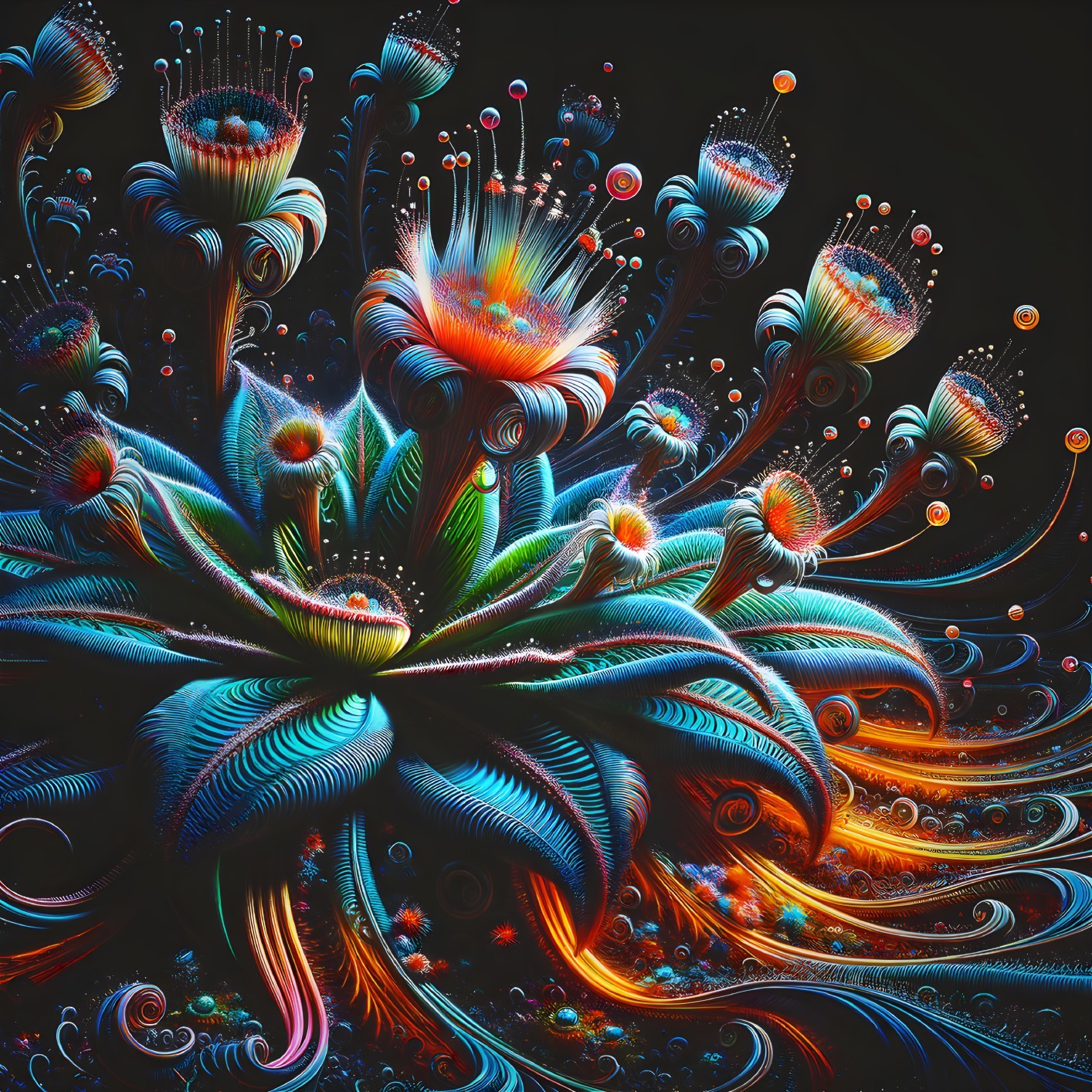 Colorful digital artwork: intricate floral patterns with neon colors on dark background