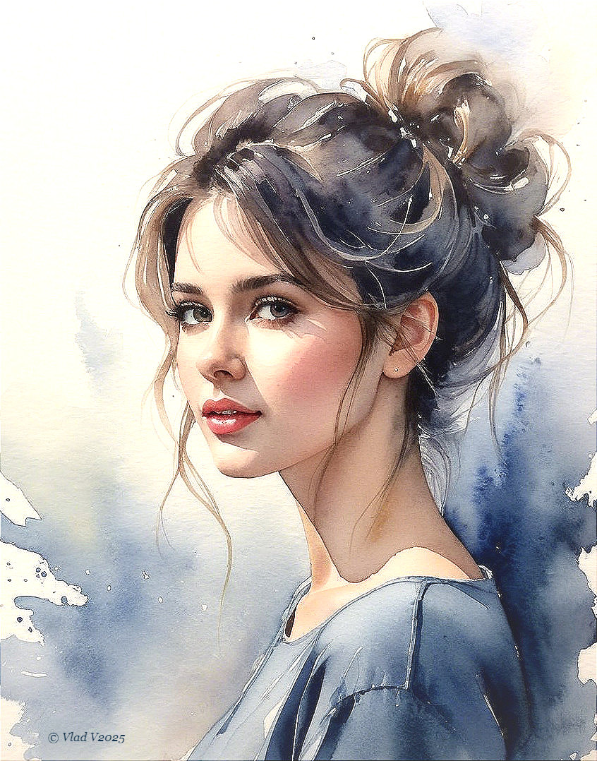 Portrait of a Young Woman in Soft Watercolor Tones