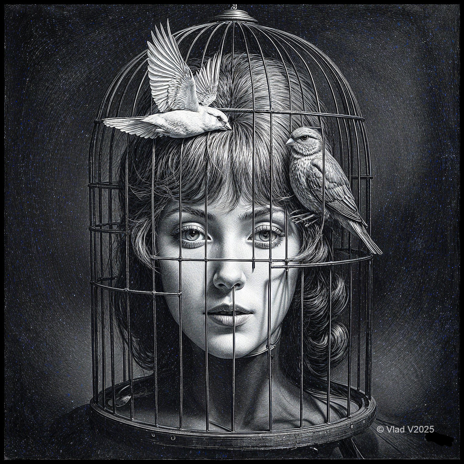 Woman's Face in Birdcage with Birds: Surreal Art