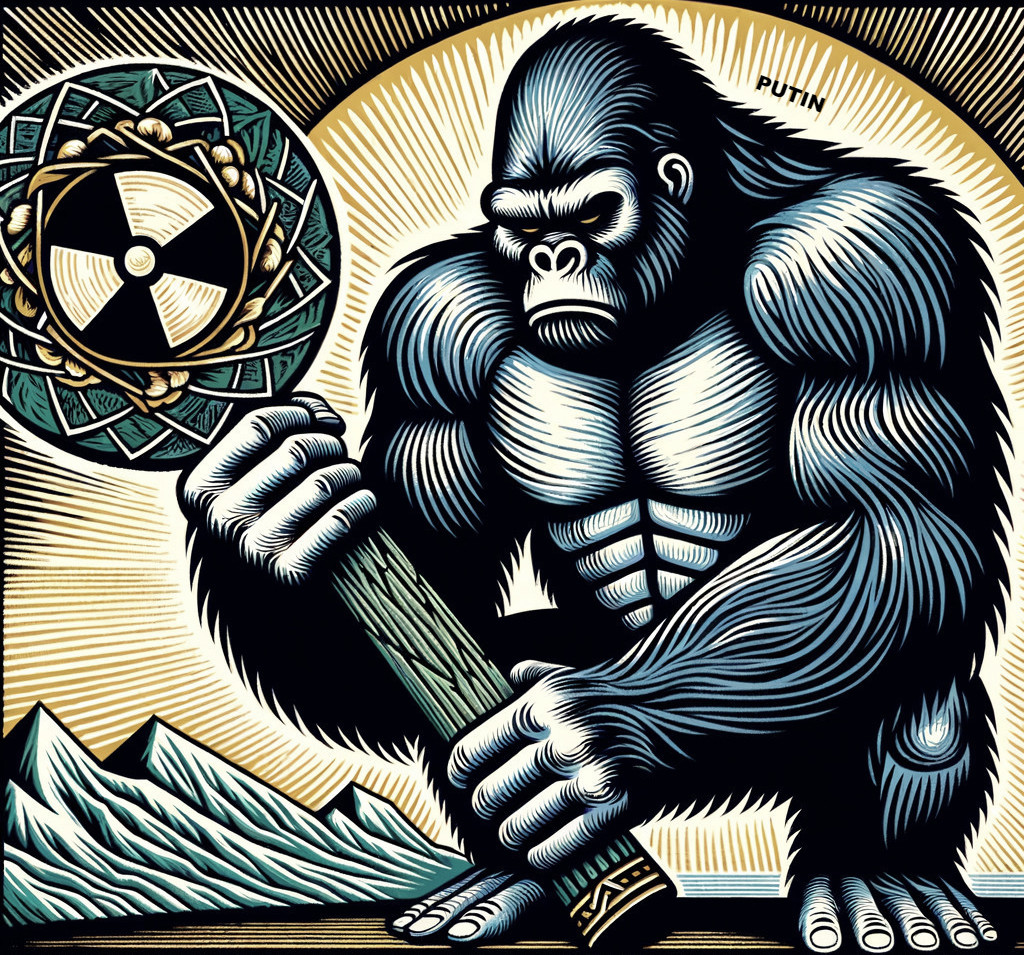 Muscular Gorilla with Staff Against Mountain Landscape
