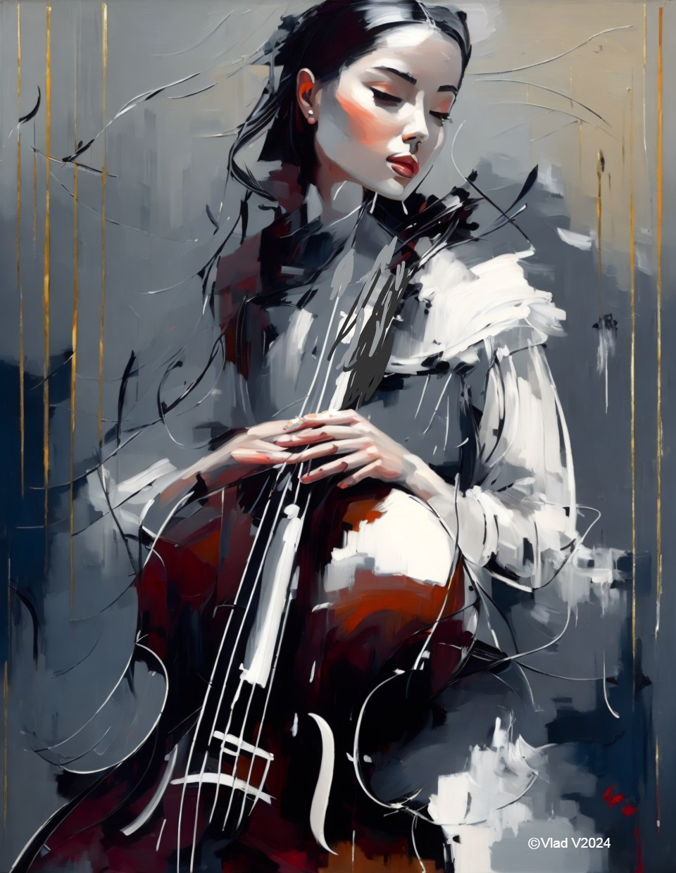 Serene Painting of Woman with Cello in Soft Colors