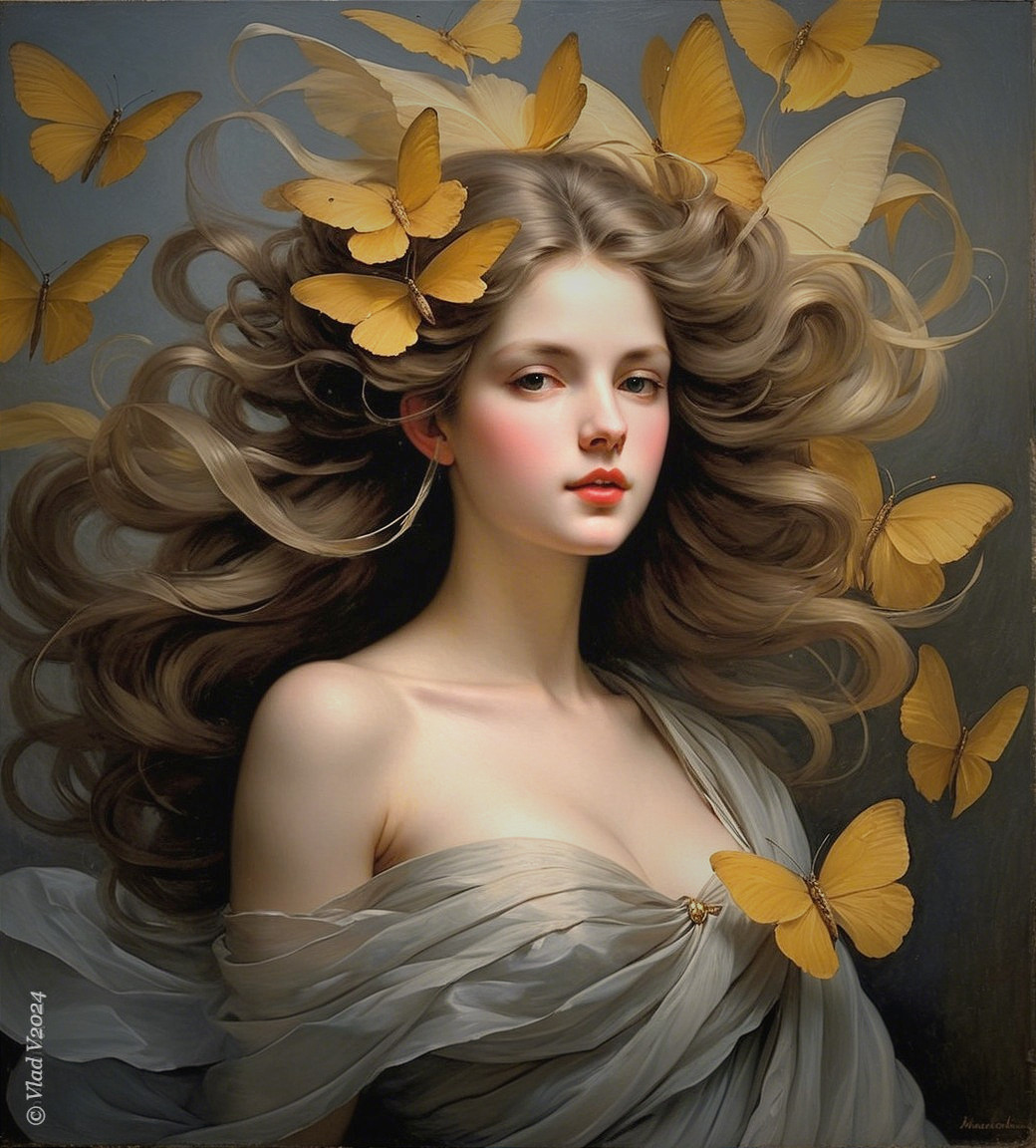 Serene portrait of a woman with butterflies in hair