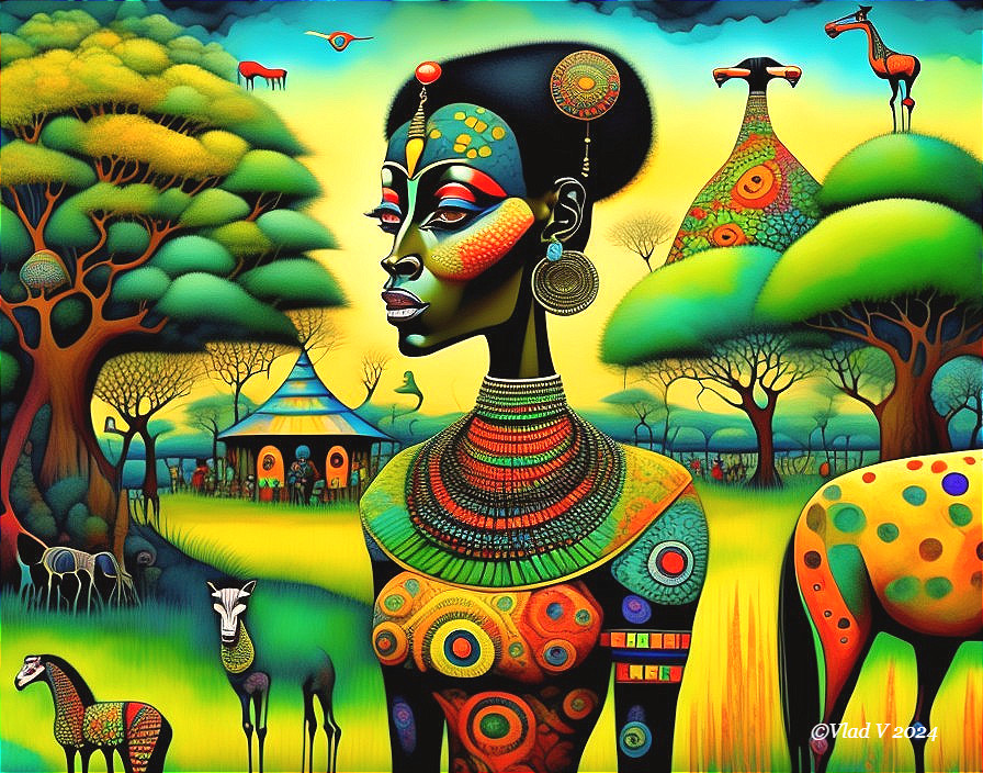 Vibrant Landscape with African Woman and Wildlife