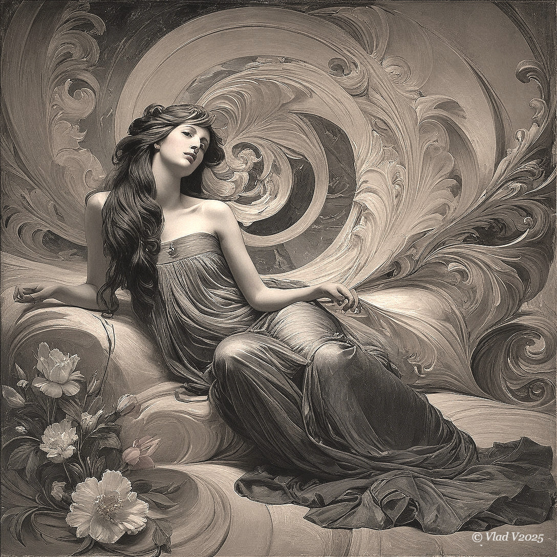 Elegant woman in gown on decorative couch with patterns