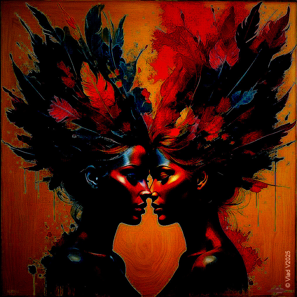 Stylized Faces with Colorful Feathers and Foliage