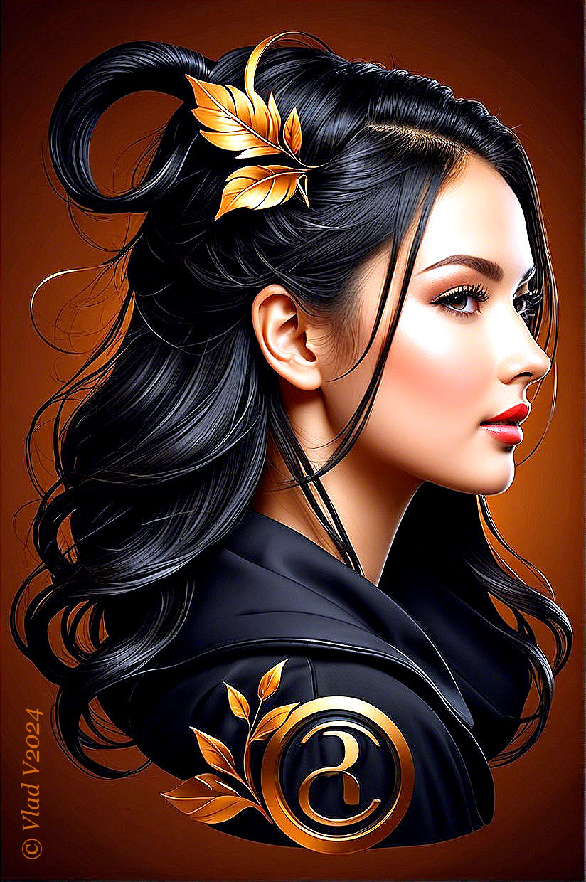 Stylized Profile of Woman with Black Hair and Golden Leaf