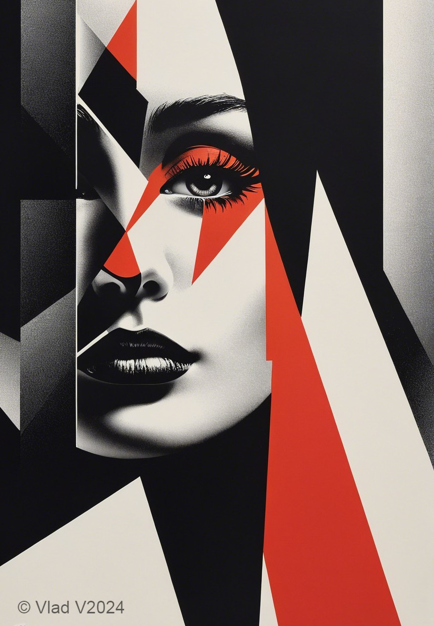 Bold Geometric Portrait of a Woman in Black and Red