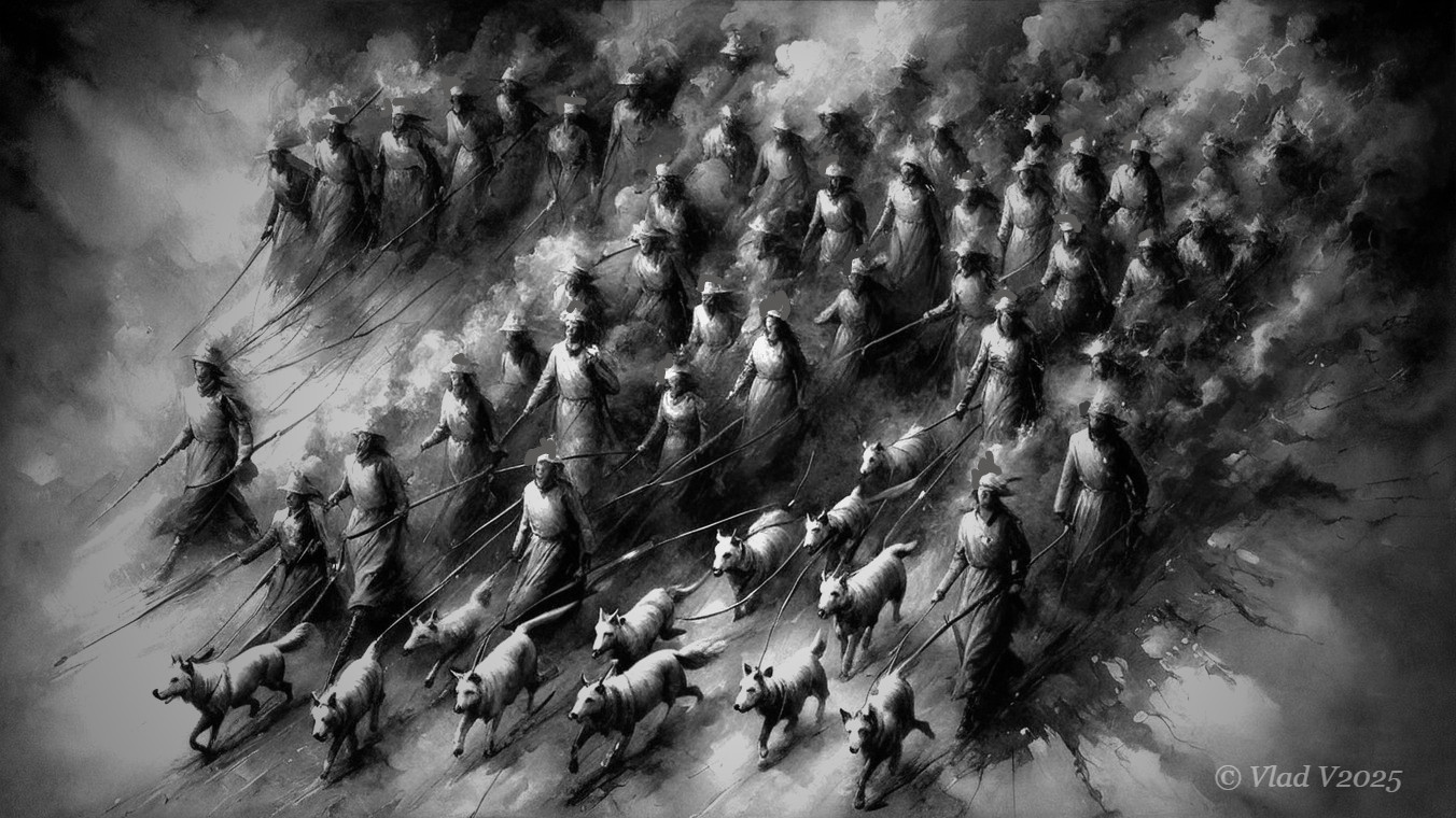 Monochrome Scene of Shepherds Guiding Dogs