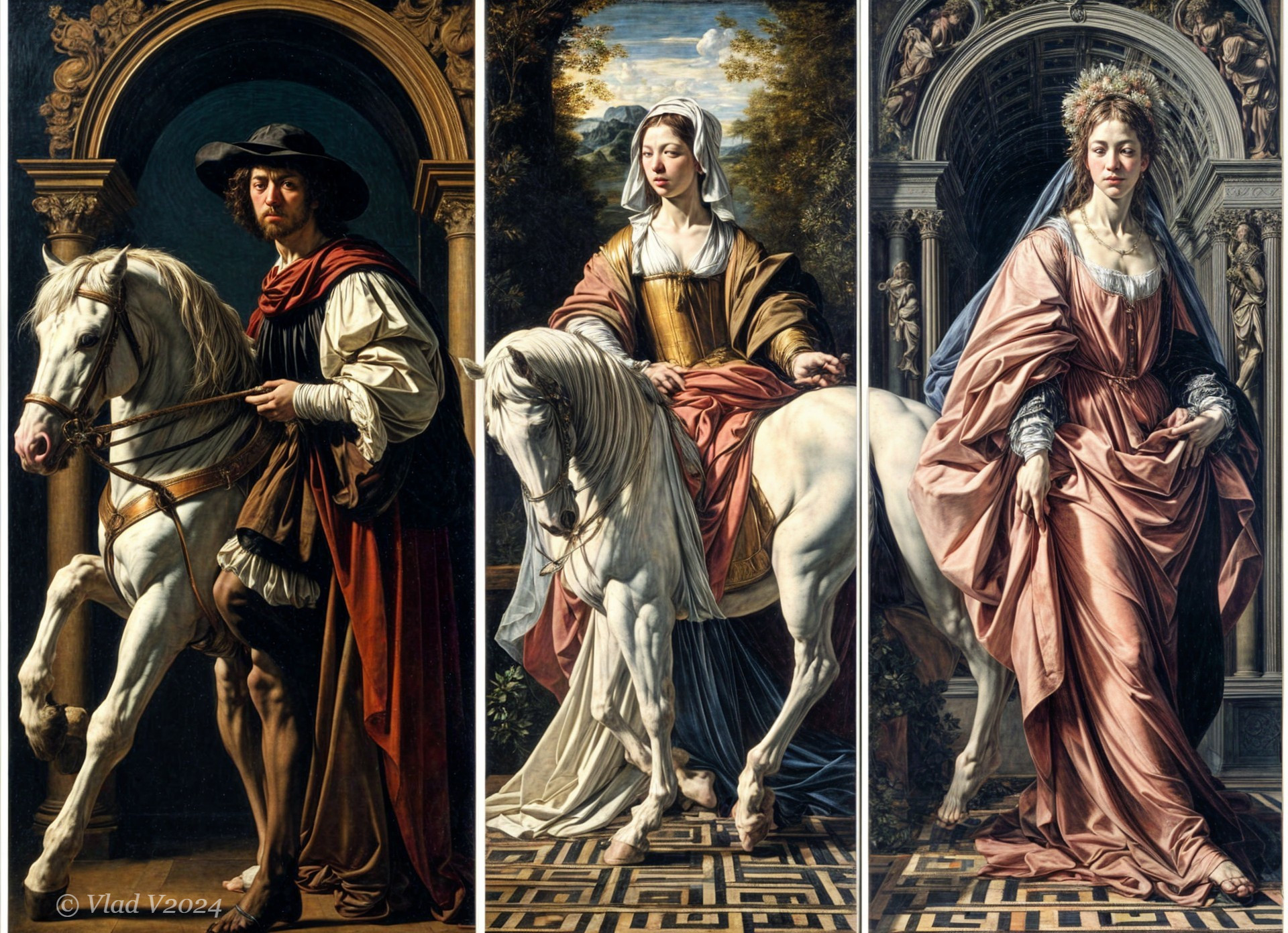 Elegant Figures with White Horses in Grand Settings