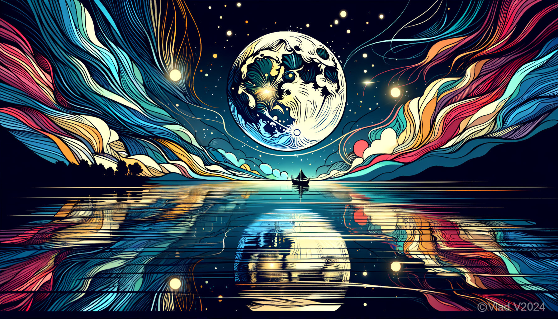 Whimsical Landscape with Serene Lake and Starry Sky