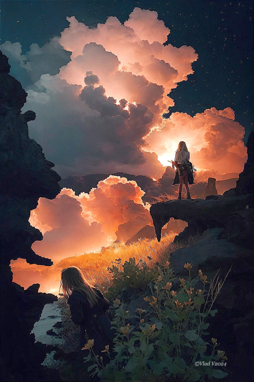 Twilight Landscape with Figures and Illuminated Clouds