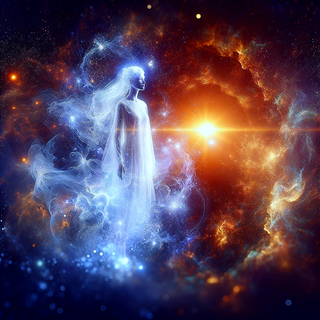 Ethereal figure in vibrant cosmic nebula with stars and celestial light