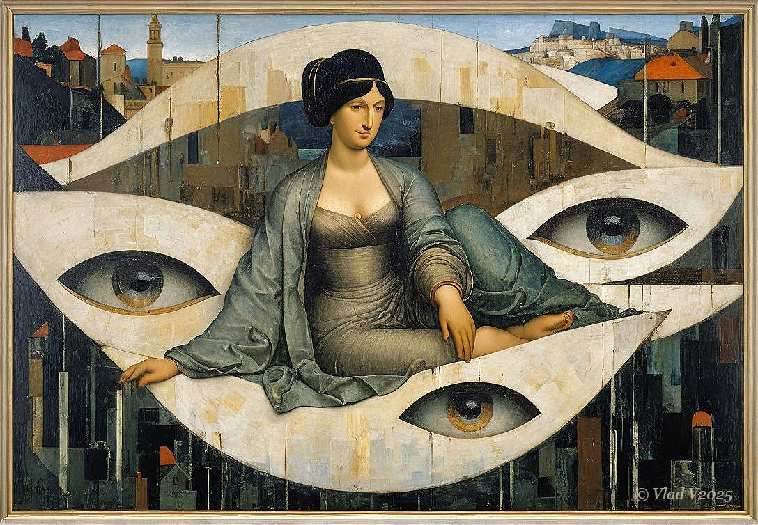 Serene Woman in Gray Gown Among Stylized Eyes