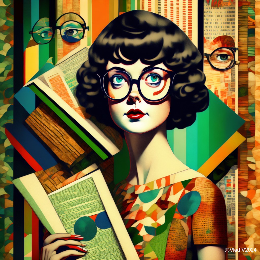 Stylized portrait of a woman with books and colors