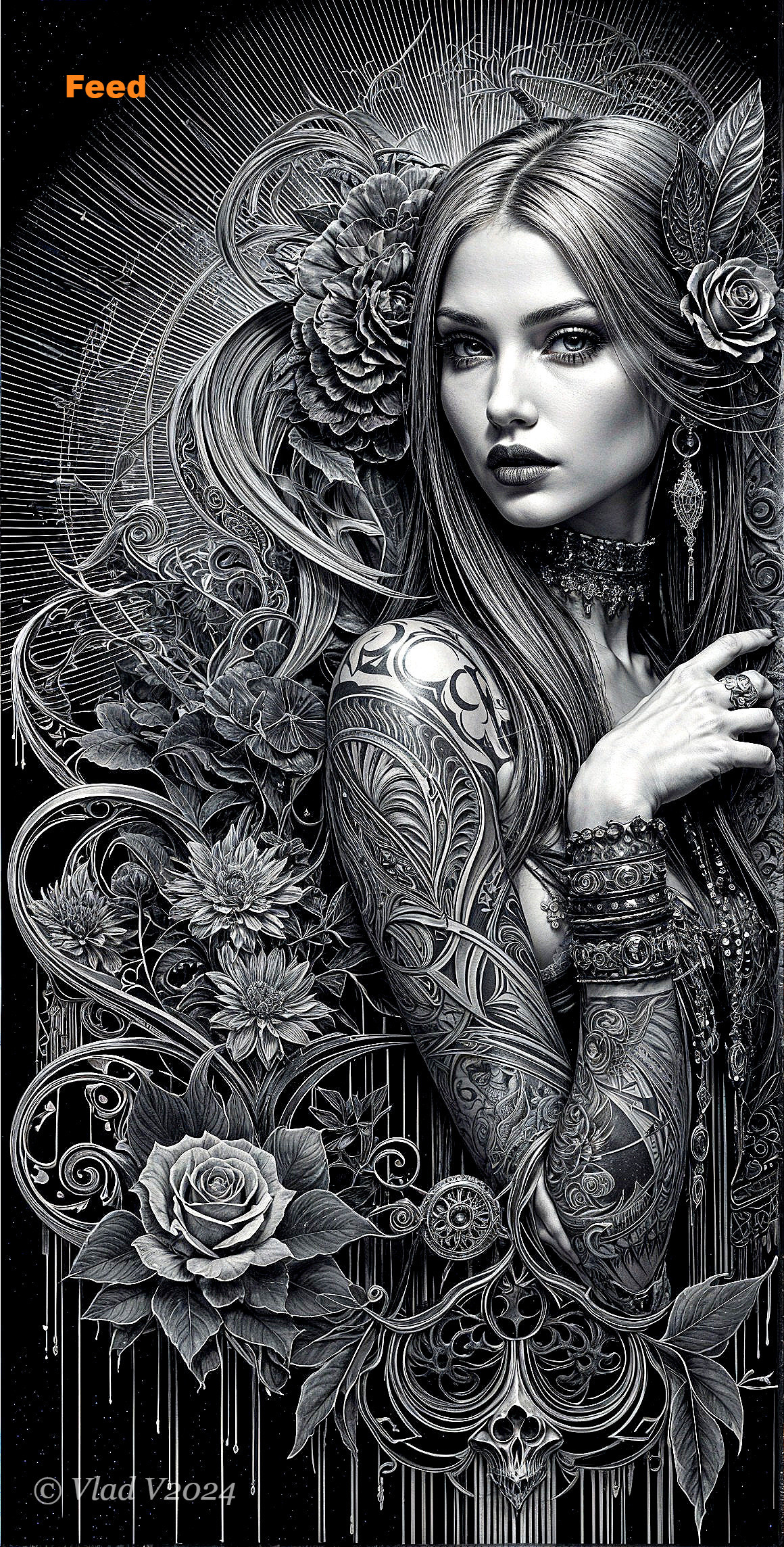 Black and White Illustration of a Tattooed Woman