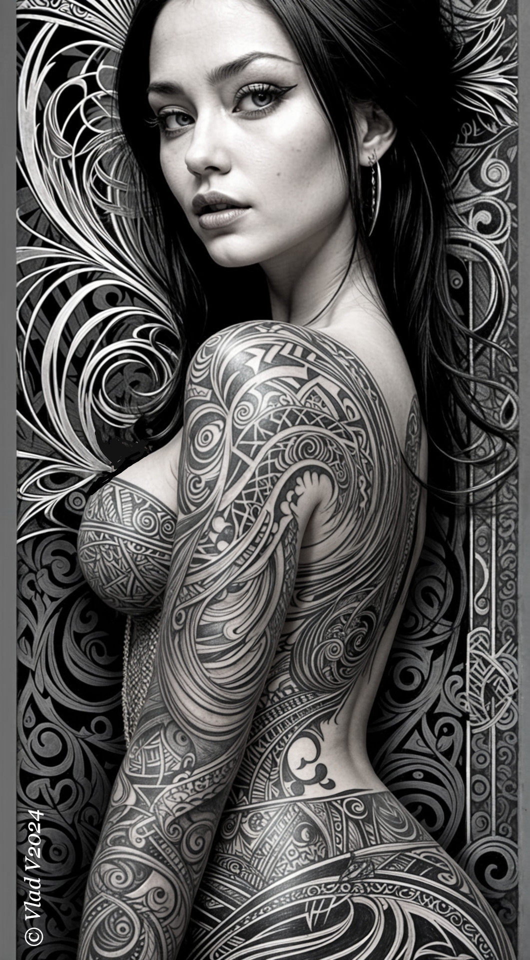 Portrait of a Woman with Intricate Tattoos and Design