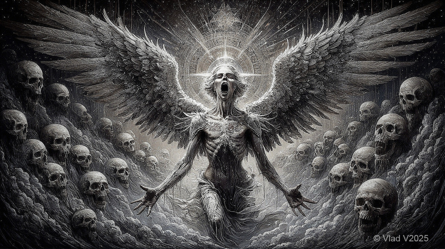Skeletal Figure with Wings in Dark Haunting Scene