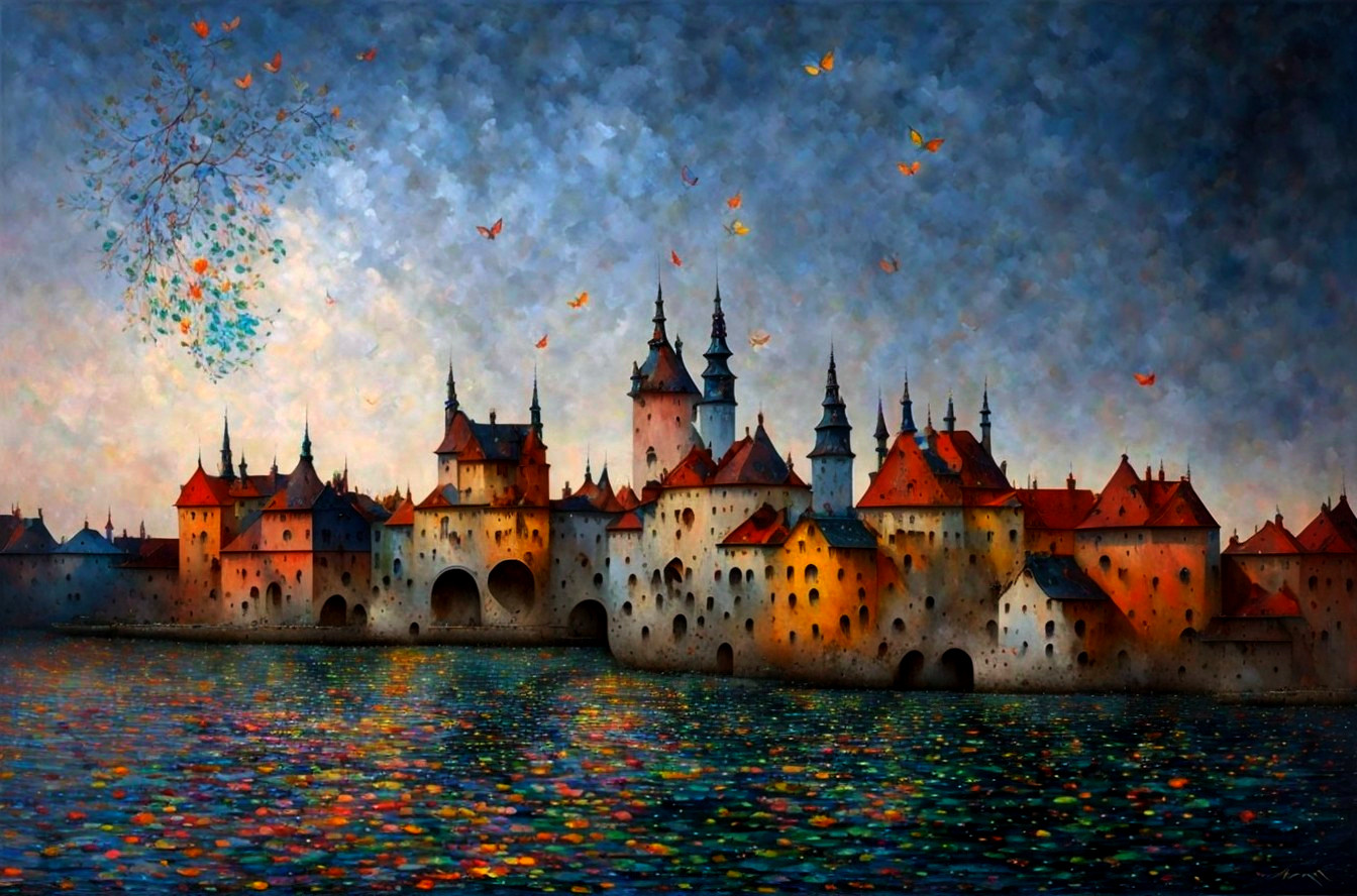 Medieval fairytale castle painting with spires, water, birds, and autumn leaves