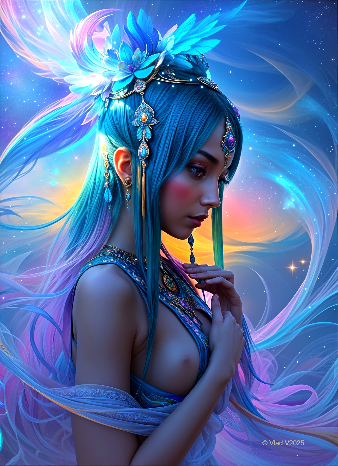 Mystical figure with blue hair in cosmic background