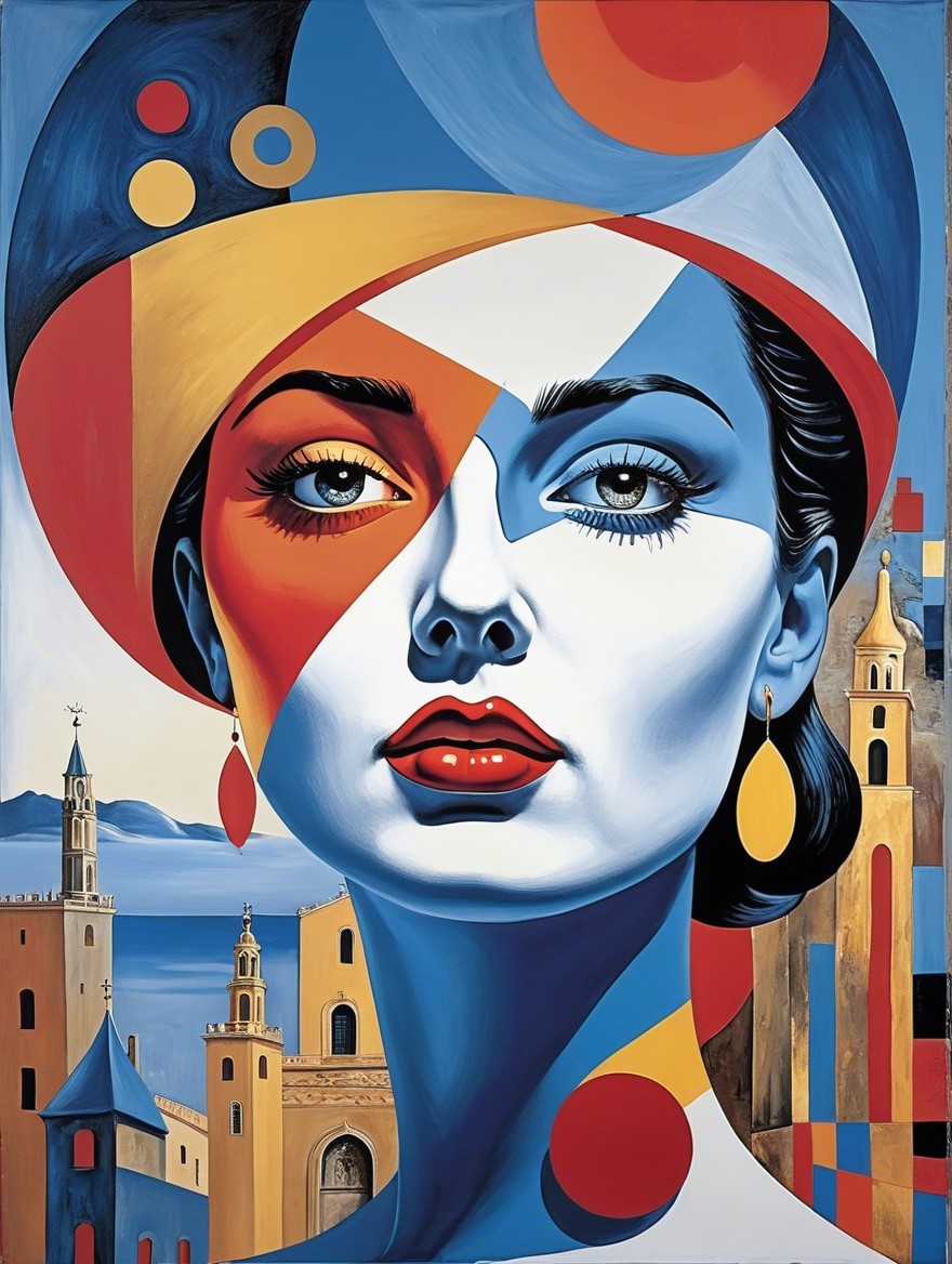 Portrait of a Woman with Geometric Patterns and Landscape