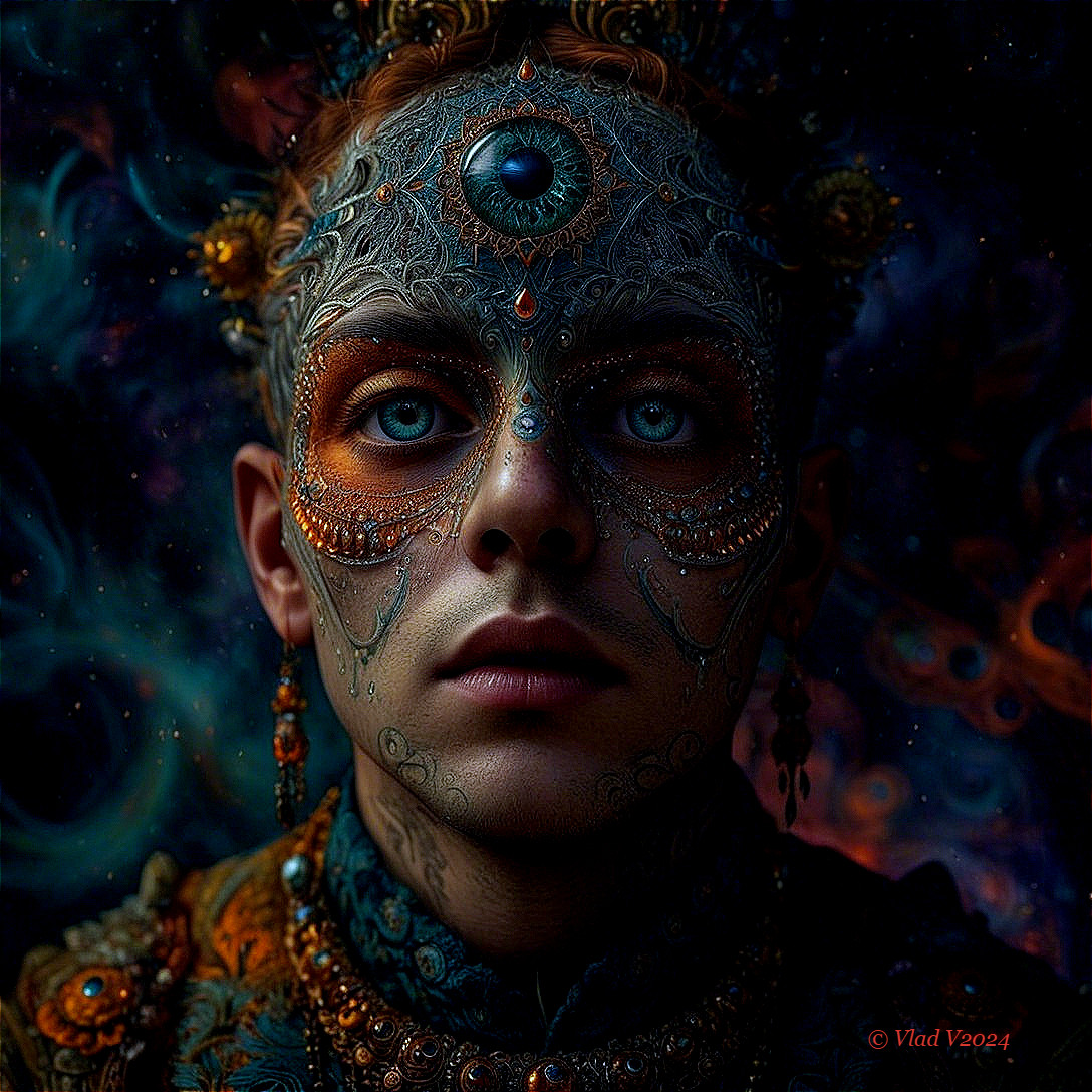 Portrait of a person with intricate facial paint and jewelry