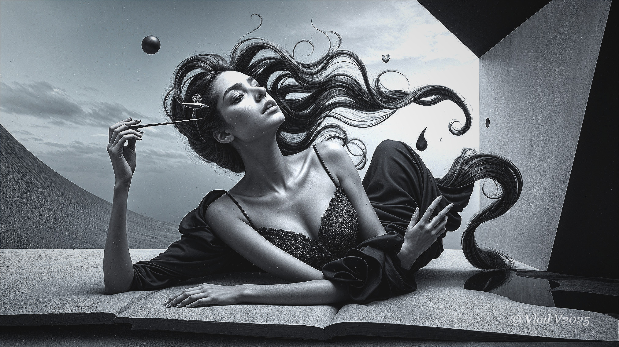 Ethereal Woman Among Surreal Geometric Shapes